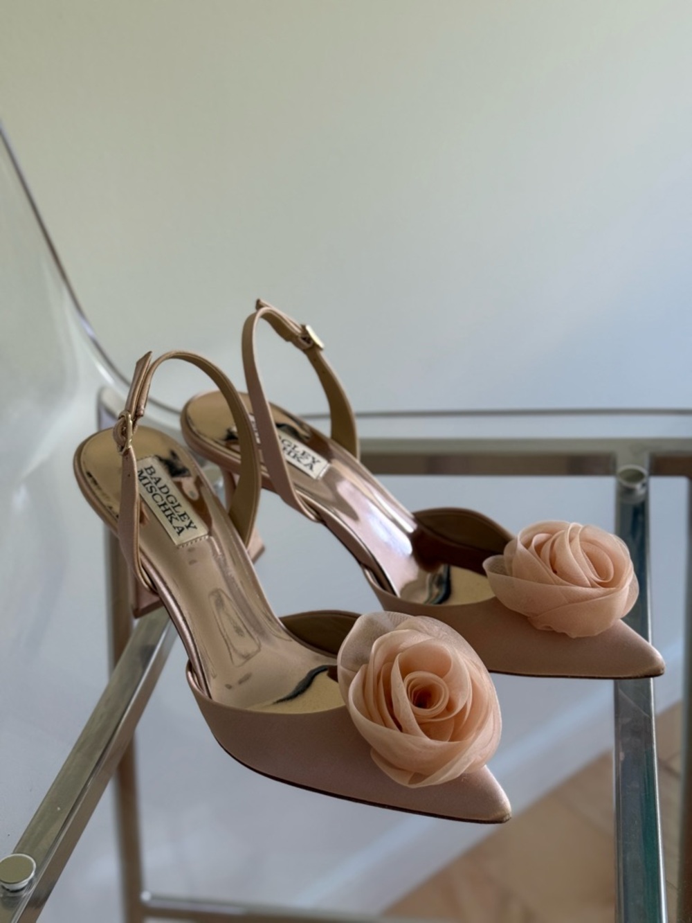 Badgley Mischka Blush Pink Satin Slingback Pumps with Rosette